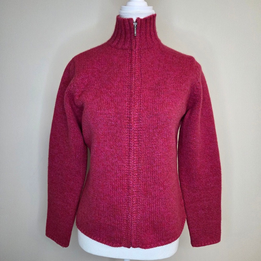 LL Bean Womens Magenta Pink Lambswool Angora Zip Up Mock Neck Sweater S-REG